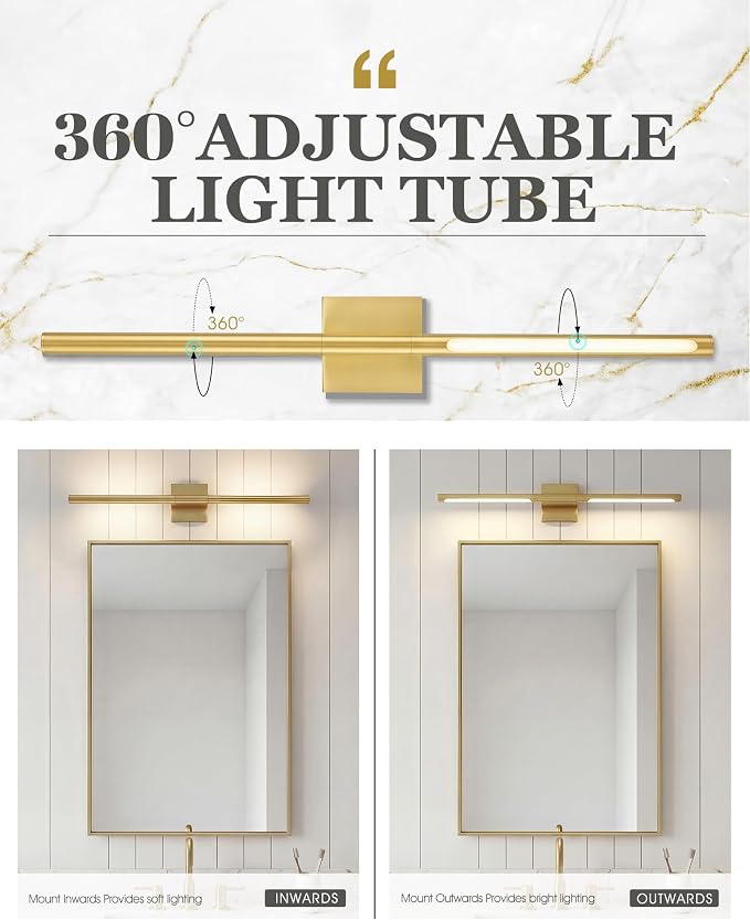 30 Inch Bathroom Light Fixtures, 16W 3CCT Dimmable CRI90 Brushed Gold LED Vanity Lighting Fixtures Over Mirror, 360° Rotatable Modern Bathroom Vanity Light Bar, AD-W9465-L75-GD