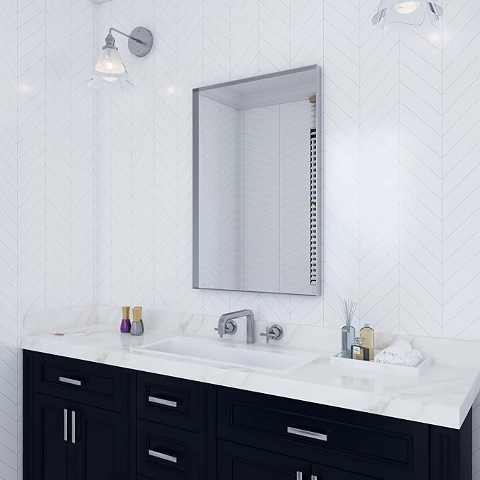 VocalStar Silver Bathroom Mirror for Wall, 24 x 32 Inch Rounded Rectangle Nickel Metal Framed Bathroom Vanity Mirrors, 1/4-inch Shatterproof Glass | Ultra-Flush Hanging