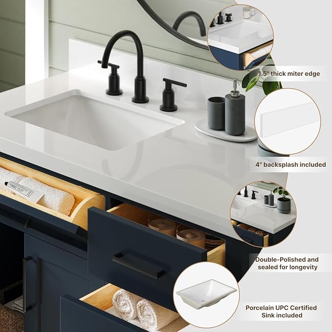ARIEL 43 inch Bathroom Vanity top with Sink, 1.5 Inch Thick Miter Edge White Quartz top, Left Offset Vanity top with Rectangle Porcelain Sink, Includes Backsplash
