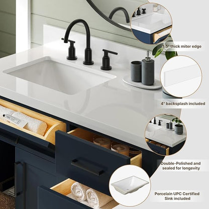 ARIEL 43 inch Bathroom Vanity top with Sink, 1.5 Inch Thick Miter Edge White Quartz top, Left Offset Vanity top with Rectangle Porcelain Sink, Includes Backsplash