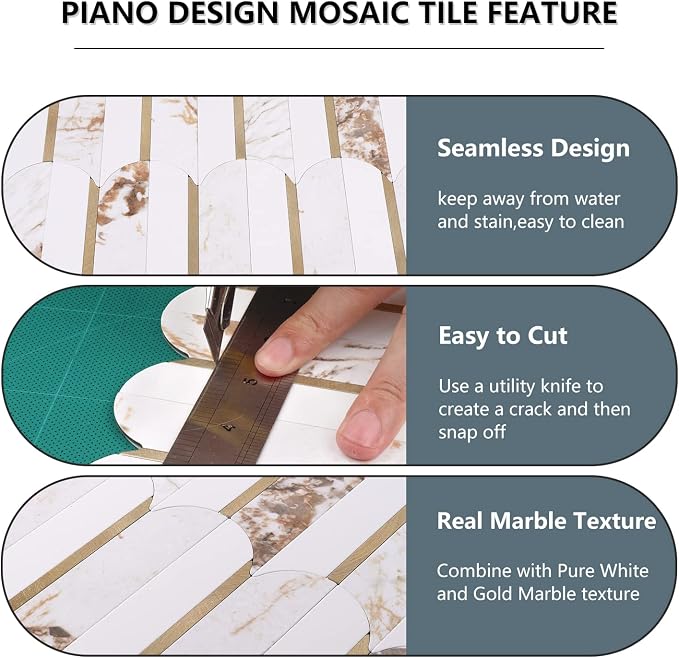 Vamos Tile Peel and Stick Backsplash Seamless Tile,10-Sheet Fish Scale Tile | Stick on Backsplash for Kitchen & Bathroom,White Marble Look PVC+Metal Gold Self Adhesive Mosaic Wall Tiles,11.9''x10.8''