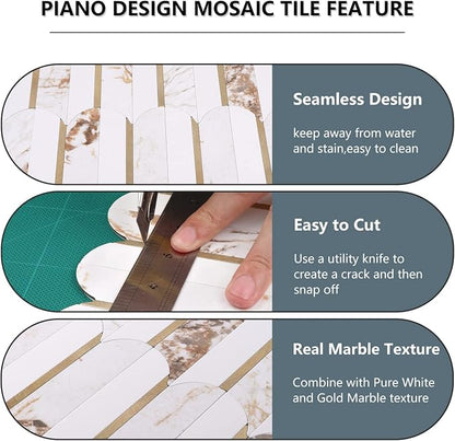 Vamos Tile Peel and Stick Backsplash Seamless Tile,10-Sheet Fish Scale Tile | Stick on Backsplash for Kitchen & Bathroom,White Marble Look PVC+Metal Gold Self Adhesive Mosaic Wall Tiles,11.9''x10.8''