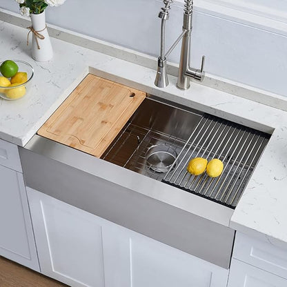 33 Inch Stainless Steel Farmhouse Sink, 33x20 Single Bowl Ledge Workstation Flat Apron Front Farm Kitchen Sink with Cutting Board, Brushed Nickel