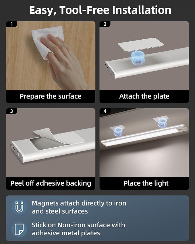 17" Under Cabinet Lights, Motion Sensor Light, Wireless Closet Lights, 4000mAh Rechargeable, Magnetic, 5 Levels Dimmable, 62 LEDs Super Bright Under Counter Lights for Kitchen (2 Pack)