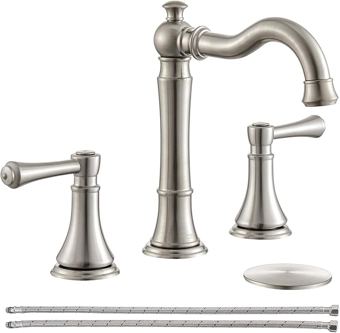 Brushed Nickel Bathroom Faucet 8 inch Widespread for 3 Holes, with 2 x 23.6 inch Water Supply Lines and Plastic Pop-Up Drain, Classic 2-Handle Bathroom Vanity Sink Faucet, 360° Swivel Spout
