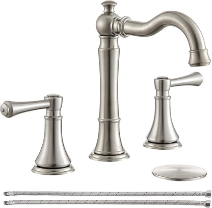 Brushed Nickel Bathroom Faucet 8 inch Widespread for 3 Holes, with 2 x 23.6 inch Water Supply Lines and Plastic Pop-Up Drain, Classic 2-Handle Bathroom Vanity Sink Faucet, 360° Swivel Spout