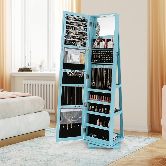 360° Rotating Jewelry Armoire, Freestanding Jewelry Cabinet with Inside Makeup Mirror, 2-in-1 Lockable Jewelry Organizer w/Full-Length Mirror for Women (Sky Blue)