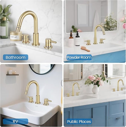 Bathroom Faucet 3 Hole, 8 Inch Widespread 2 Handle Pull Down Bathroom Sink Faucets with Pop Up Drain and 360° Swivel Spout, Brushed Gold