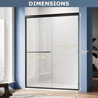 SUNNY SHOWER Double Sliding Glass Door 54" W x 72" H Shower Door 1/4" Tempered Glass Sliding Door Semi-Frameless Shower Glass Enclosure Bypass Walk in Shower Cabin, Matte Black
