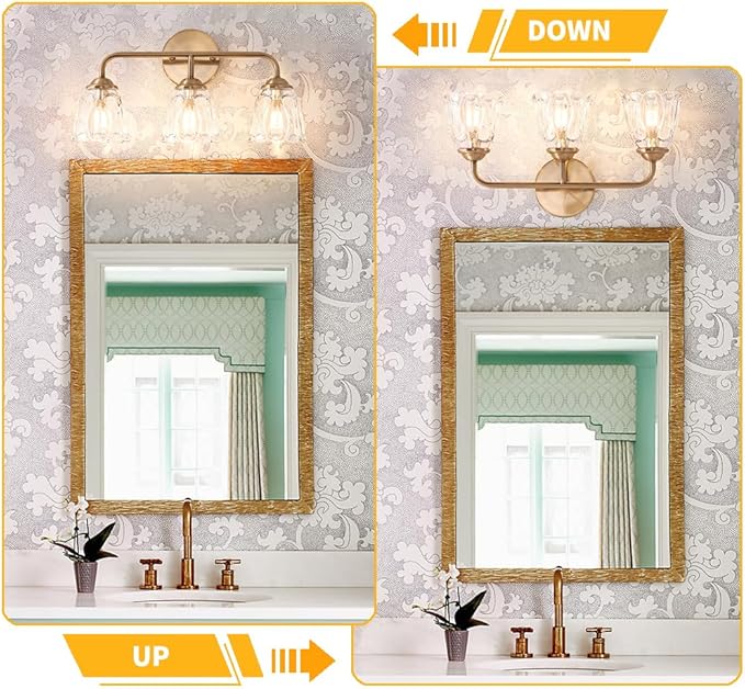 3-Light Bathroom Vanity Light Gold, Vintage Vanity Light Fixtures Over Mirror, Brass Bathroom Light with Flower Glass Shade, Art Deco Wall Sconce Lighting for Bedroom, Living Room