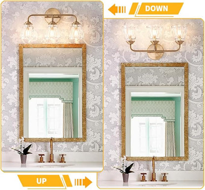3-Light Bathroom Vanity Light Gold, Vintage Vanity Light Fixtures Over Mirror, Brass Bathroom Light with Flower Glass Shade, Art Deco Wall Sconce Lighting for Bedroom, Living Room