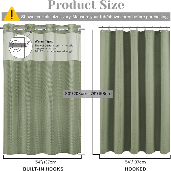 SORTTO No Hook Shower Curtain with Snap in Liner Set Waffle Shower Curtain for Bathroom Hotel Style Fabric Waterproof Inner Liner，54" W x 80" H, Sage Green