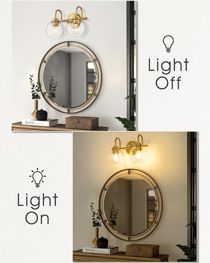 Bathroom Light Fixtures, 2-Light Brushed Gold Vanity Lights with Globe Clear Glass, Champagne Bronze Vanity Lighting Fixtures Over Mirror, AD-22280-2W-GD