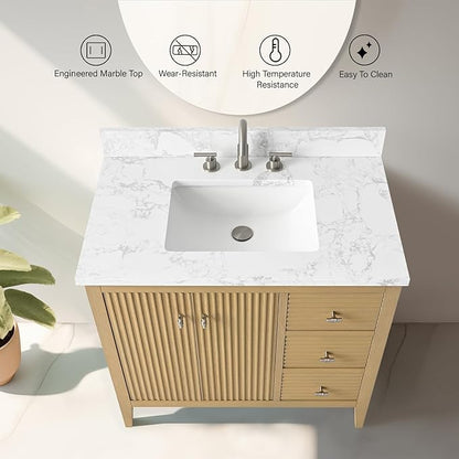 Vanity Art 36 inch Bathroom Vanity with Single Sink & Ceramic Top, Vanity Cabinet with Soft-Closing Door, Solid Wood Frame, Linear Pattern, Natural Oak, Golden Brushed Handware VA9136-NO-GB