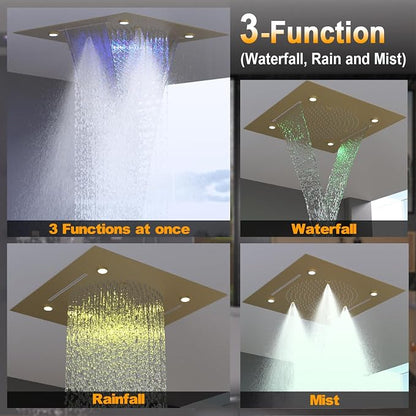 Enga Luxury Dual Shower Head System with Body Jets LED Thermostatic Shower System with 6 inch Wall Shower, 20-Inch 3 Function Shower Head (Rainfall & Mist & Waterfall), Brushed Gold