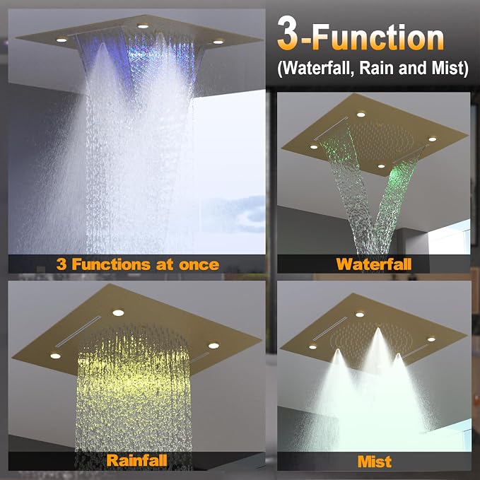 Enga Luxury Dual Shower Head System LED Thermostatic Shower System with 6 inch Wall Shower, 20-Inch 3 Function Shower Head (Rainfall & Mist & Waterfall), Brushed Gold