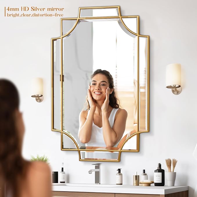 Gold Bathroom Mirror for Wall, 24"x36" Rectangle Vanity Mirror, Polished Beveled Modern Decorative Mirror for Entryway, Living Room, Bedroom (Horizontal/Vertical)