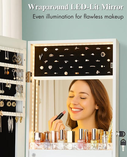 LUXFURNI Wall & Door‑Mounted Storage Jewelry Armoire Cabinet with Mirror | Built‑in LED Mirror, Acrylic Lipstick Tray, 4 Clear Drawers, Large Velvet‑Lined Storage, Wall & Door‑Mounted, Lockable