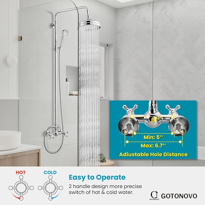 gotonovo Exposed Shower System Wall Mount,Polish Chrome,Metal Handheld | 8” Rain Shower Head Faucet Set Fixtures,2 Function,Two Cross Handle,Height Adjustable,for 5-6.7" Hole,Indoor Victorian Retro