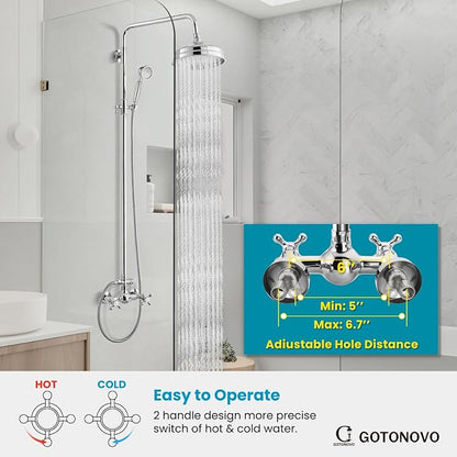 gotonovo Exposed Shower System Wall Mount,Polish Chrome,Metal Handheld | 8” Rain Shower Head Faucet Set Fixtures,2 Function,Two Cross Handle,Height Adjustable,for 5-6.7" Hole,Indoor Victorian Retro