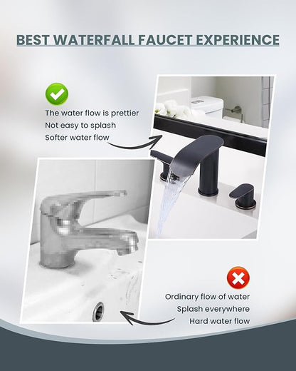 WOWOW Waterfall Bathroom Faucet 3 Holes 8Inch Widespread Bathroom Sink Faucet, Two Handles Lavatory Vanity Sink Faucets with Pop-up Drain & Supply Hoses, Modern Faucet Mixer Taps Oiled Rubbed Bronze