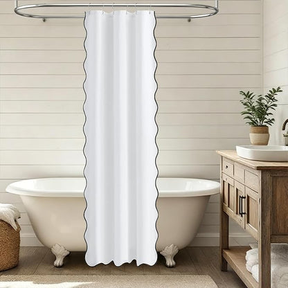 BTTN Stall Boho Scalloped Linen Textured Cloth Shower Curtain, 36x72, White | Half Size, 230GSM Waterproof Polyester, Heavy Duty Fabric, 6 Plastic Hooks, Elegant Modern Farmhouse Style, Machine Washable