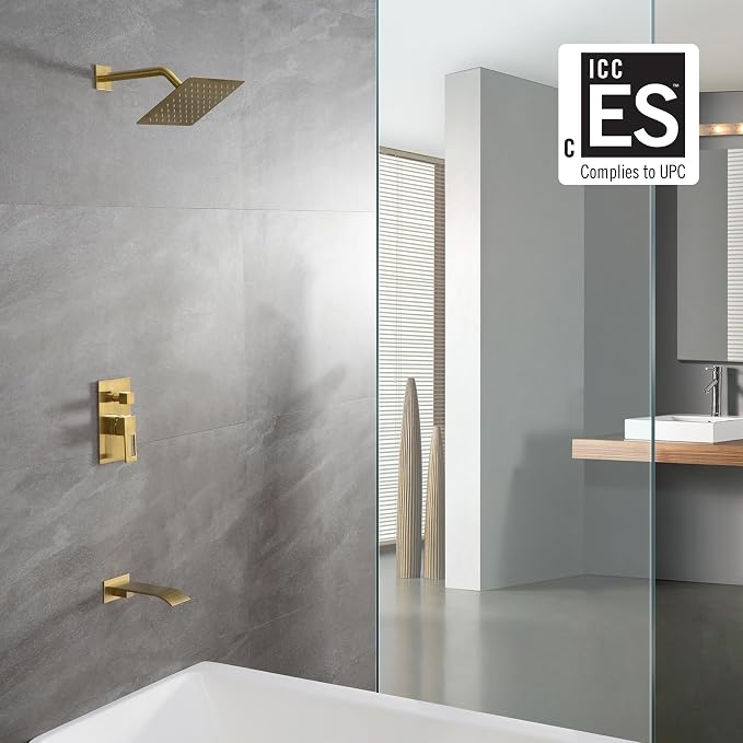 SUMERAIN Wall Mount Tub and Shower Faucet Set, Brushed Gold | 8 Inch High Pressure Shower Head, Waterfall Tub Spout, Anti-scalding Pressure Balance Valve