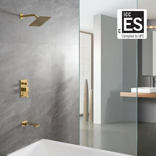 SUMERAIN Wall Mount Tub and Shower Faucet Set, Brushed Gold | 8 Inch High Pressure Shower Head, Waterfall Tub Spout, Anti-scalding Pressure Balance Valve