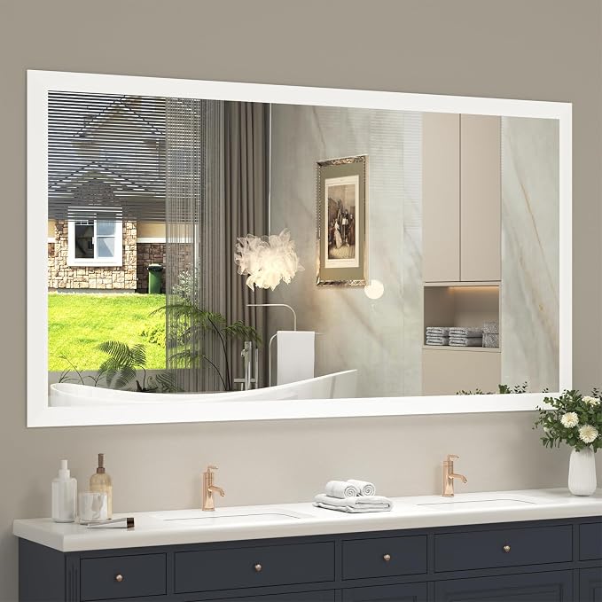 SMIROR 66x36 Matte White Bathroom Vanity Mirror for Over Sink | Metal Wide Frame, Rectangle, Right- Angle Corner, Anti-Rust, Horizontally or Vertically Wall- Mounted for Home Remodel