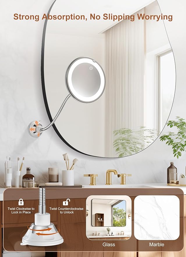10x Magnifying Mirror with Light,Gooseneck Travel Make up Mirror 3 Lighting | Wall-Mounted Lighted Vanity Makeup Mirror, Cordless Battery Operated LED Mirror with Suction Cups for Shower Bathroom