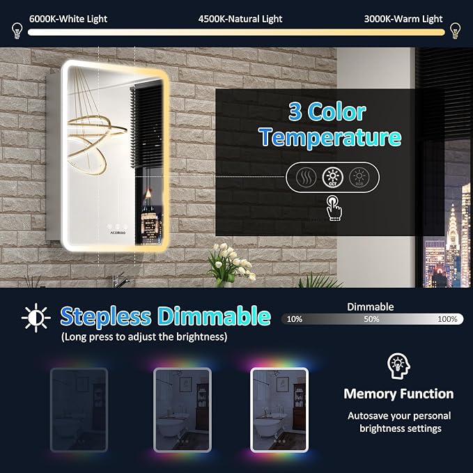 24×32 Inch LED Lighted Medicine Cabinet, Bathroom Medicine Cabinet with Mirror and Lights, RGB Multicolor Backlit, Adjustable Front Lighted, Defogger, Dimming, Memory Function, Wall Mounted