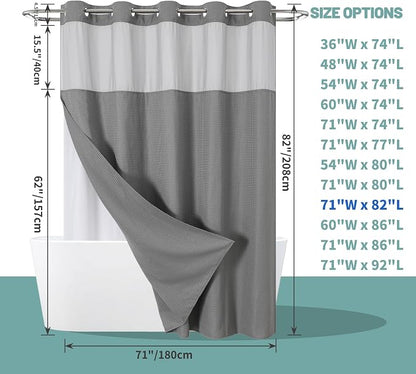 eachope No Hook Waffle Shower Curtain with Snap-in Liner, 71x82 Inch, Grey | 230 GSM waffle weave fabric, waterproof liner set with 2 bottom magnets, mesh top window, washable, for bathroom or hotel use