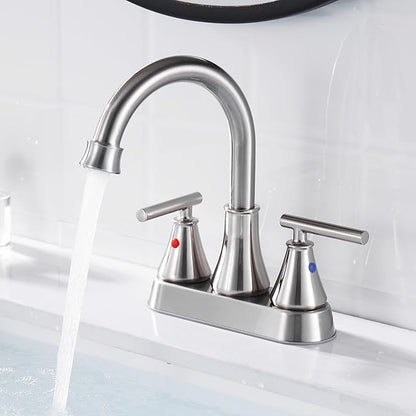 Bathroom Sink Faucet 4 Inch 2 Handle Centerset Brushed Nickel Lead-Free Modern Bathroom Faucet Vanity Faucet with Pop-up Drain Stopper and Supply Hoses