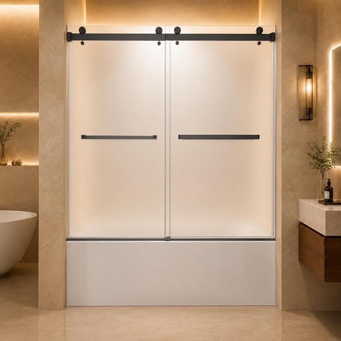 Frameless Shower Door,Frosted Sliding Shower Door for Bathtub, 56-60" W x 60" H-1/4” (6mm), 304 Stainless Steel Hardware, Nano Easy-Clean Glass, Quiet Rollers, Matte Black