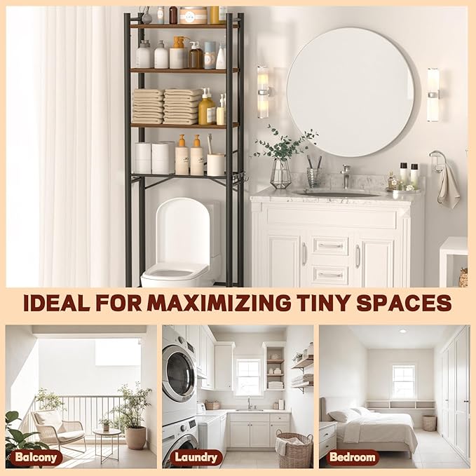 4-Tier Over Toilet Storage with Anti-Tilt Safety System - 150lb Total Capacity Metal Bathroom Shelves Including Paper Holder & 4 Hooks, Space Saving Above Commode Organizer (69.3" H, Brown)
