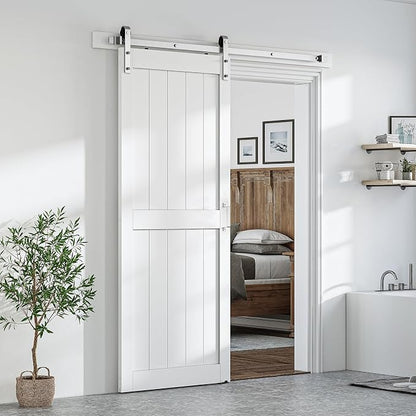 SMARTSTANDARD 38" x 84" White Sliding Barn Door with 6.6FT Silver Hardware | Pre-Drilled Ready to Assemble, Waterproof PVC Coating, H-Frame