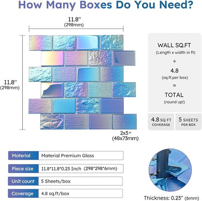 Pool Glass Mosaic Tiles, Iridescent Blue, 2x3 Inch Brick, 5 Sheets | Glass Tile for Swimming Pool, Kitchen Backsplash, Shower, Bathroom Wall, Waterline, Fountain