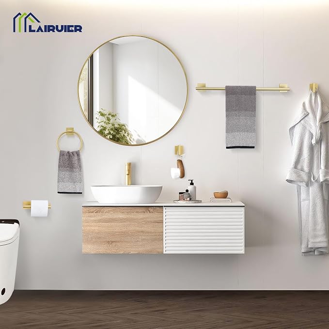 Lairuier 10-Piece Brushed Gold Bathroom Accessories, Towel Bar Set | Bathroom Hardware Set Includes SUS304 23.6" Towel Bar, Towel Ring, Toilet Paper Holder and Towel Hooks Wall Mounted