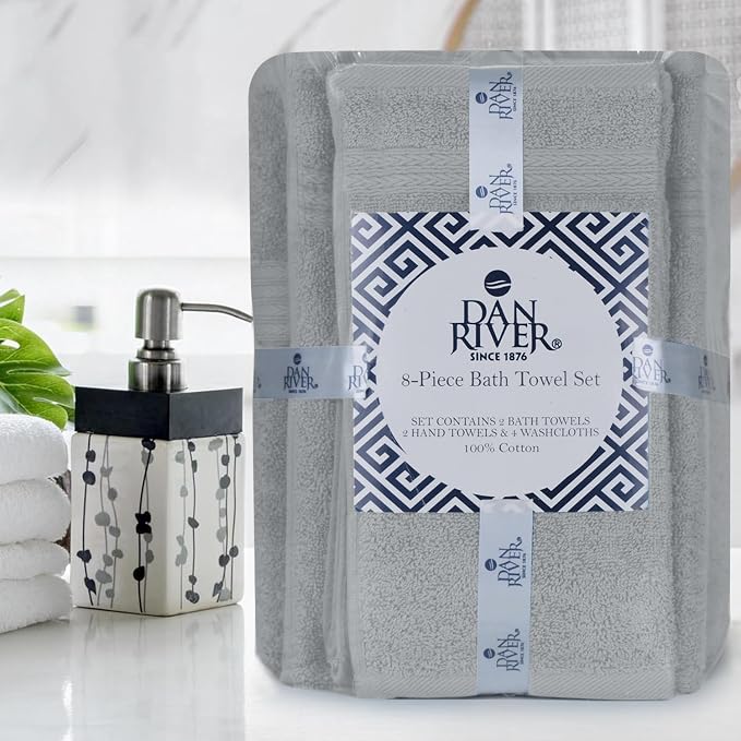 DAN RIVER 8 Piece Luxury Bath Towels for Bathroom, Towel Set, Silver | 2 Bath towels, 2 Hand towels, and 4 Wash Cloths, 600 GSM 100% Ring Spun Cotton, Highly Absorbent, Gym, Hotel, guest, and Spa