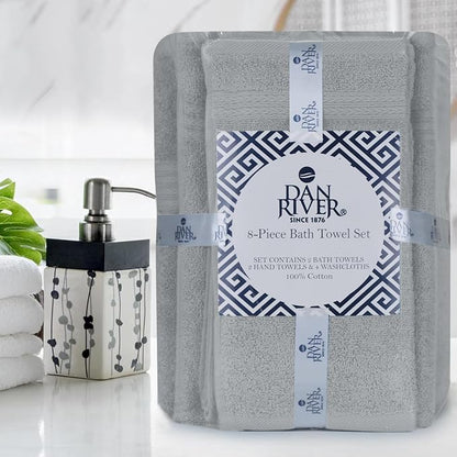 DAN RIVER 8 Piece Luxury Bath Towels for Bathroom, Towel Set, Silver | 2 Bath towels, 2 Hand towels, and 4 Wash Cloths, 600 GSM 100% Ring Spun Cotton, Highly Absorbent, Gym, Hotel, guest, and Spa
