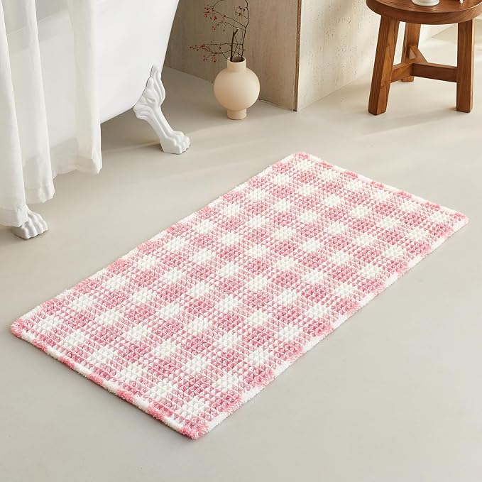 TYUU Waffle Bath Mat, Cute Bathroom Rugs Non Slip, 48x24 Pink & White | Super Absorbent Quick Dry Bath Rug, Non-Slip Backing, Soft Waffle Washable Farmhouse Bathroom Mats, Tub, Shower & Home Decor