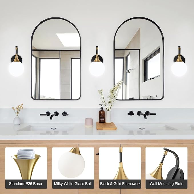 1-Light Bathroom Wall Sconce, Black and Gold Vanity Lighting | with White Milk Globe Glass Shade, Modern Wall Light Fixture for Bedroom Hallway Bathroom Kitchen