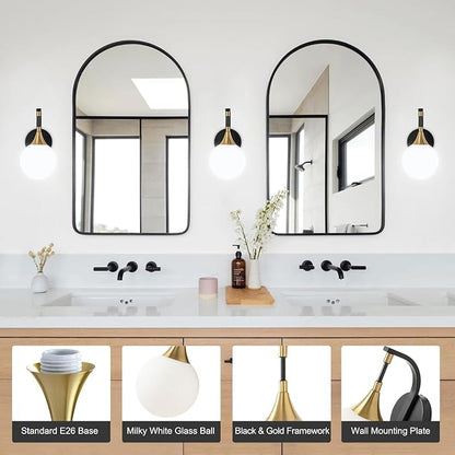 1-Light Bathroom Wall Sconce, Black and Gold Vanity Lighting | with White Milk Globe Glass Shade, Modern Wall Light Fixture for Bedroom Hallway Bathroom Kitchen