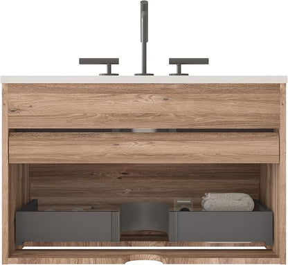 30" Floating Bathroom Vanity with Sink, Modern Wall Mounted Floating Vanity with Ceramic Sink, Double Soft-Close Drawers for Small Space, Apartment, Rough Oak