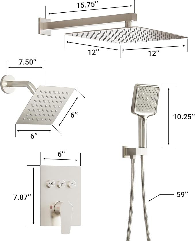 MONDAWE 12 Inch Wall Mounted Brushed Nickel Shower System, 3-Function Shower Faucet Set with Rainfall Dual Shower Head and High Pressure 4-Setting Handheld, All Functions Can be Used At the Same Time