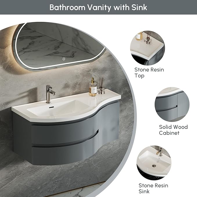 Floating Bathroom Vanity with Sink, 35.4" Modern Curved Bathroom Vanity, Wall Mounted Half-Circle Bathroom Cabinet, White&Gray Blue, Left-Hand Sink