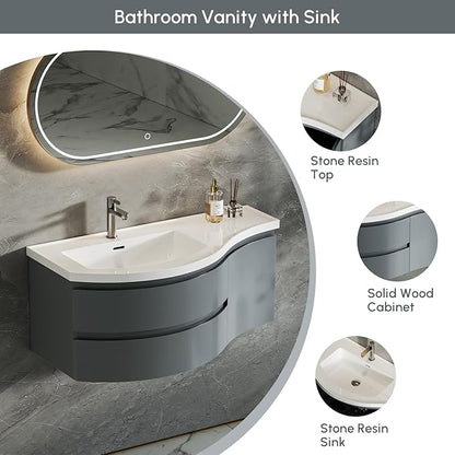 Floating Bathroom Vanity with Sink, 35.4" Modern Curved Bathroom Vanity, Wall Mounted Half-Circle Bathroom Cabinet, White&Gray Blue, Left-Hand Sink