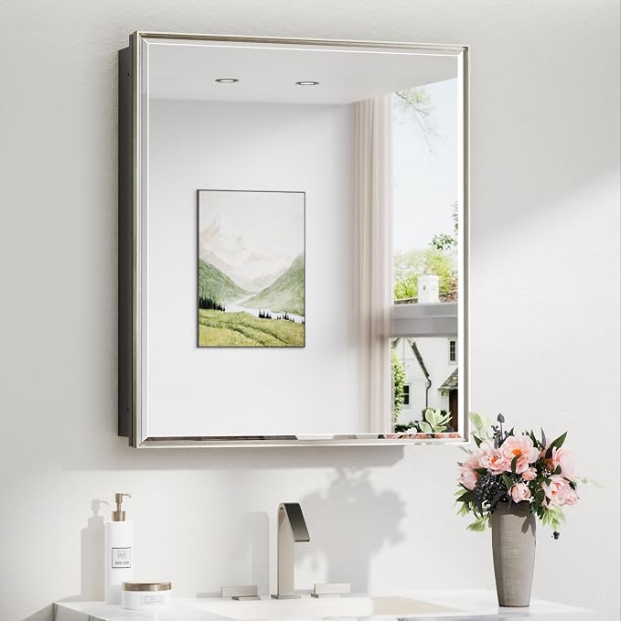 TokeShimi 26x30 Recessed or Surface Mounted Medicine Cabinet Mirror, Aluminum Framed Metal Mirror with Storage Adjustable, Brushed Nickel Bathroom Medicine Cabinet Mirrored Beveled Modern
