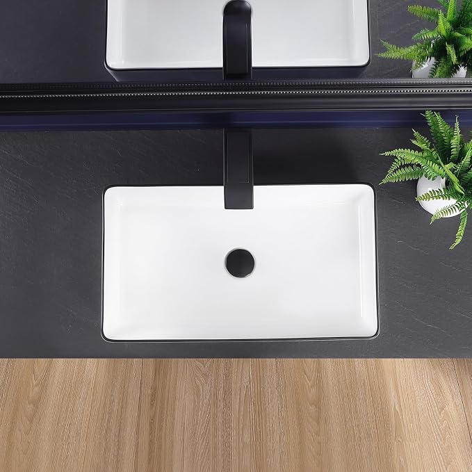 Vessel Sink 24"x14" Rectangular Bathroom Sink Modern White with Black Trim Porcelain Ceramic Above Counter Vanity Sink for Bathrooms Art Basin