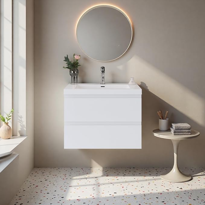 Bathroom Vanity with Sink, 30" Wall-Mounted Bathroom Storage Cabinet with Resin Basin & 2 Soft-Close Drawers, Modern Stylish Floating Vanity with Open Back Design, Easy to Clean, White